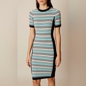 Karen Millen Striped Fitted Knit Dress w/ Blue & White Geometric Design (XS)